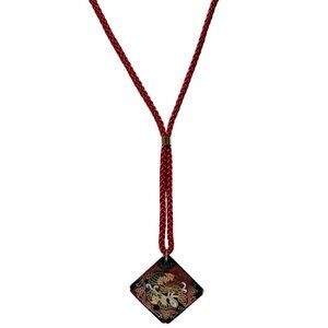 Vintage Painted Floral Diamond Pendant Necklace Red Cord Statement Piece Artsy